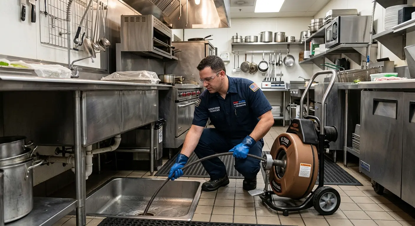 Commercial drain cleaning service in a restaurant kitchen in Cameron