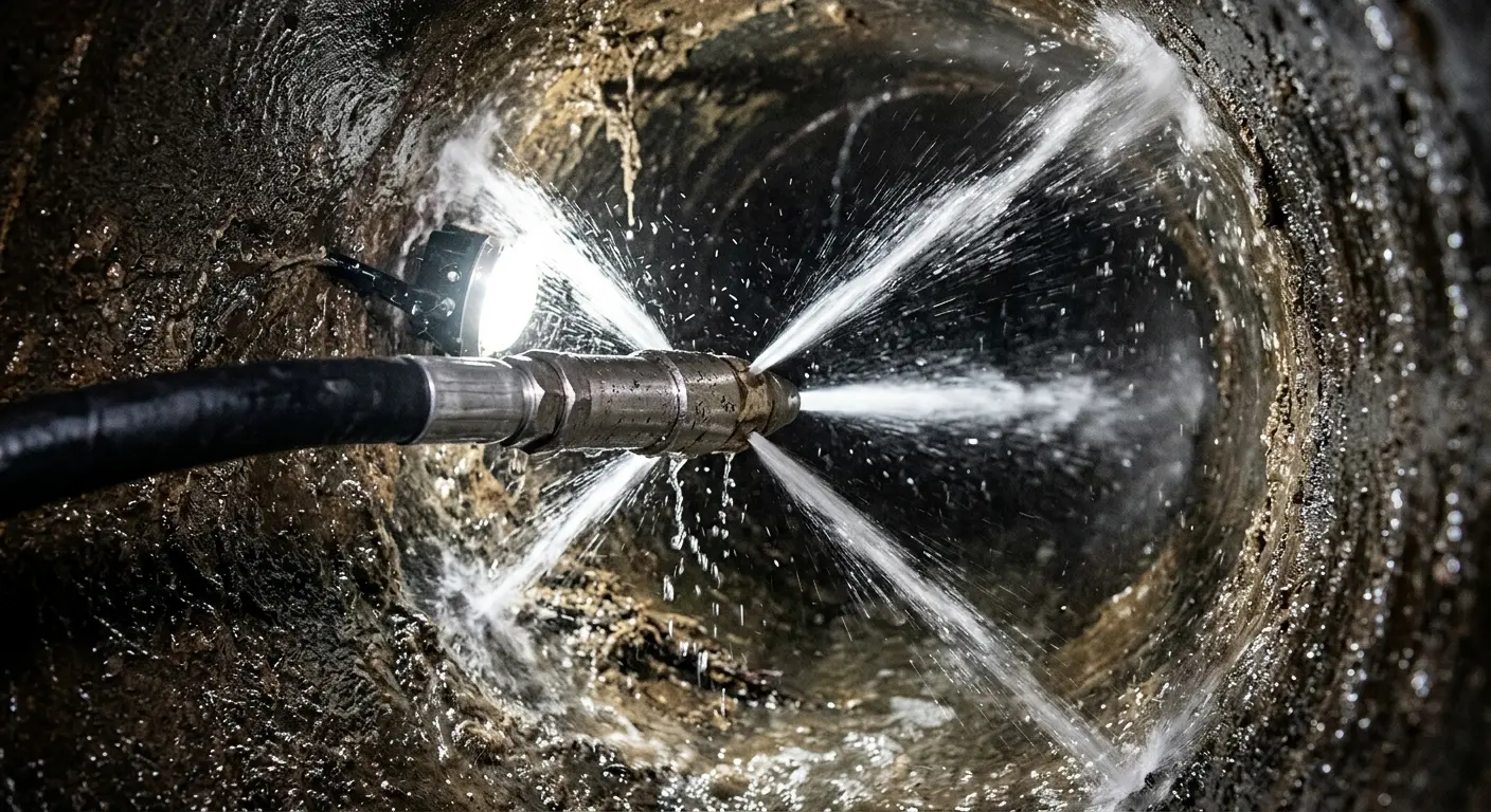High-pressure hydro jetting nozzle cleaning sewer pipe for Emergency Drain Service in Cameron