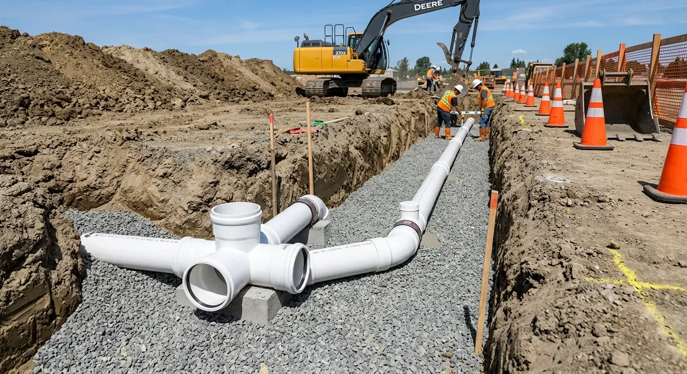 New PVC sewer pipe installation in open trench for Sewer Backup in Cameron