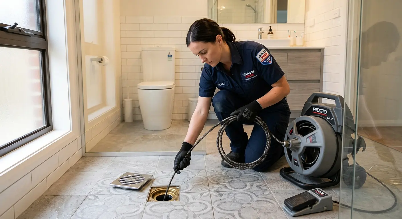 Technician clearing a bathroom floor drain for Hydro Jetting in Cameron